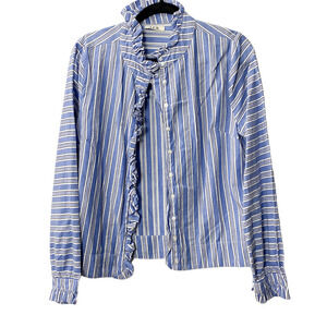 LOA by Lidia Aguilera Striped Size Large Ruffle Blue Long Sleeve Button Down